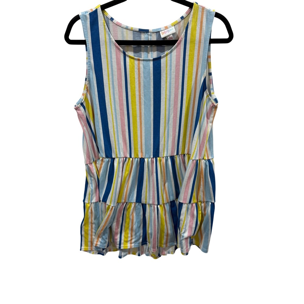 LuLaRoe Womens Small Striped‎ Babydoll Peplum Top Sleeveless Blue Pink Yellow